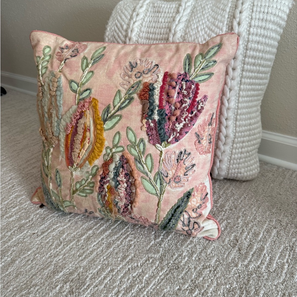 Pier 1 Embroidered Floral Pillow - Pink, Green, Yellow White Knitted Pillow